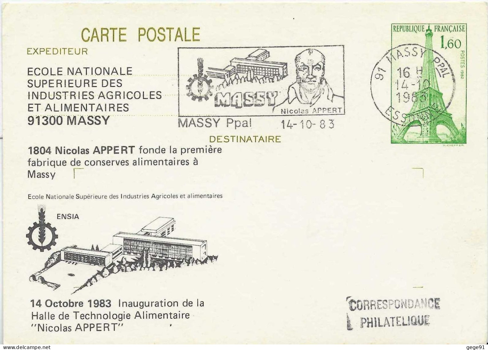 Entier Carte Postale Tout Eiffel Repiquée - Secap De MAssy - Nicolas Appert - Inventeur De La Conserve Alimentaire - Levensmiddelen