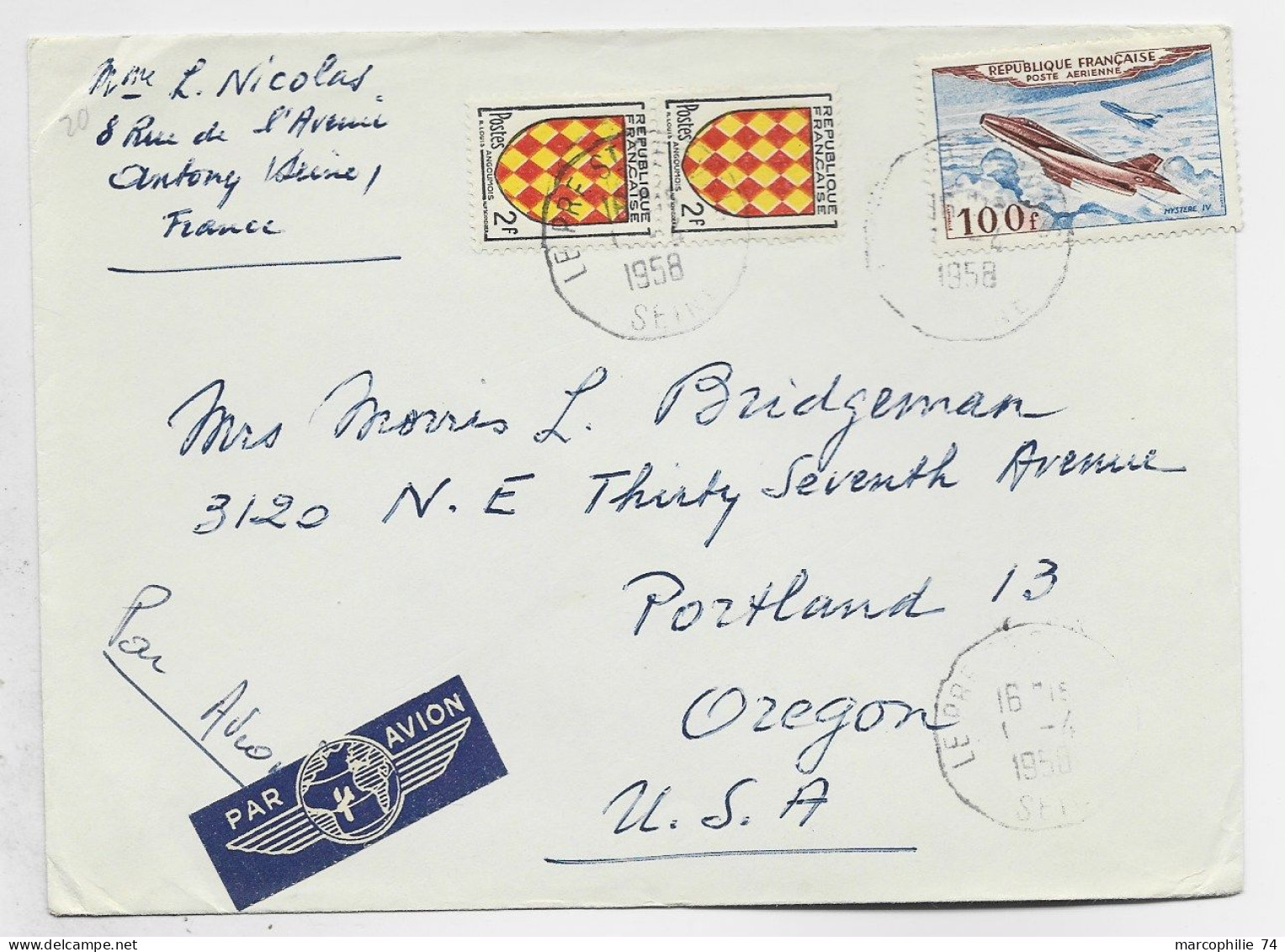 BLASON 2FR PAIRE + PA 100FR LETTRE AVION LE PRE SEINE 1.4.1958   POUR USA AU TARIF - 1941-66 Armoiries Et Blasons