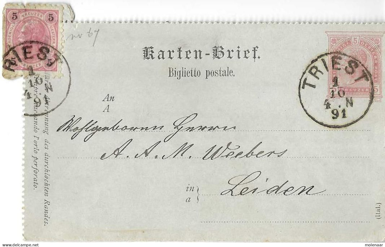 Postzegels > Europa > Oostenrijk > Postwaardestukken  Kartenbrief 1-10-1891 (16839) - Covers