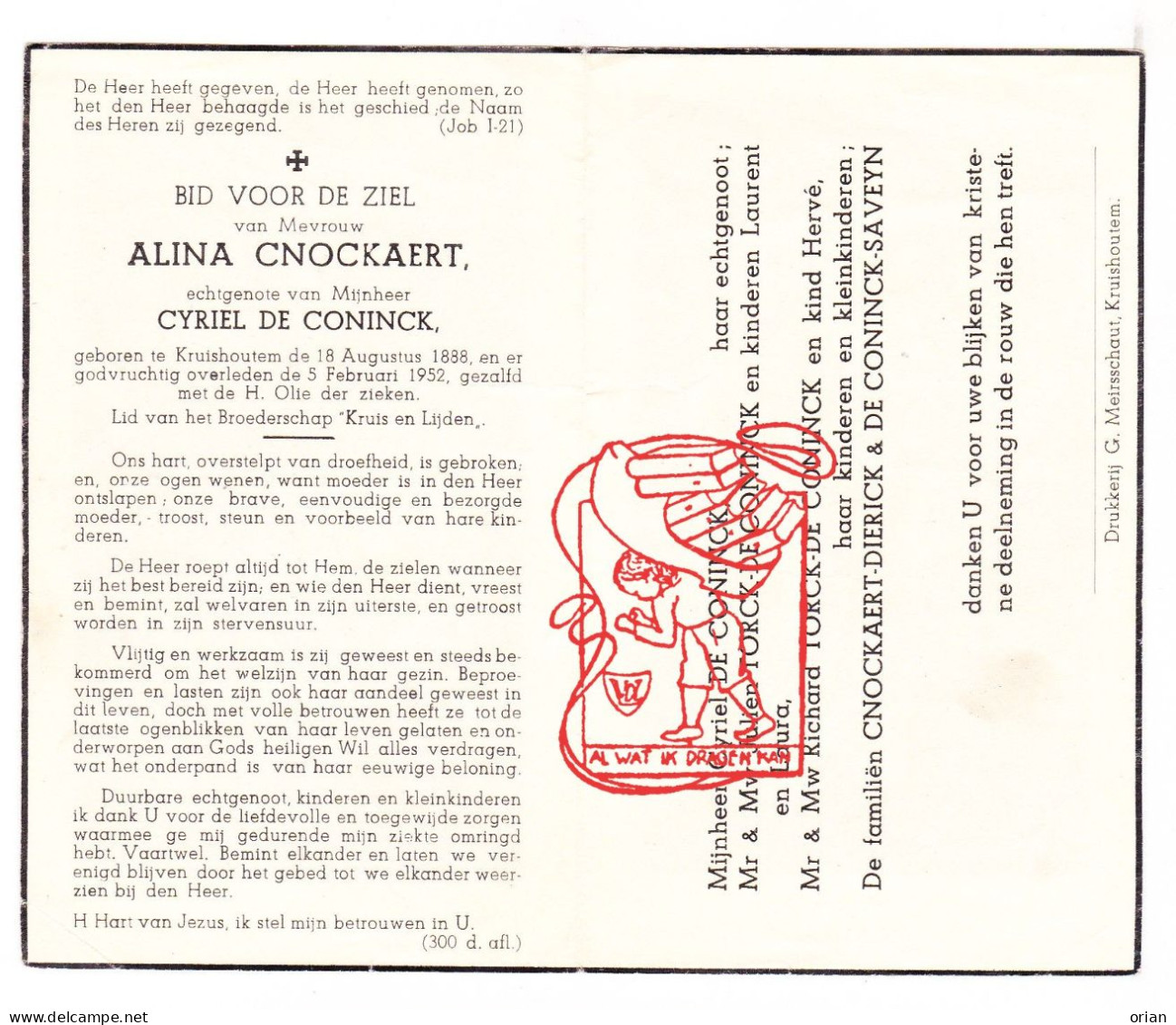 DP Alina Cnockaert ° Kruishoutem 1888 † 1952 X Cyriel De Coninck // Torck Dierick Saveyn - Images Religieuses