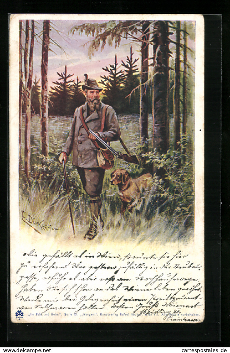 Künstler-AK E. Döcker: Jäger Mit Hund Im Abendlichen Wald  - Doecker, E.