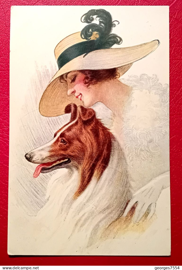 ILLUSTRATEUR " A IDENTIFIER - PORTRAIT DE JEUNE FEMME AVEC SON CHIEN - 1900-1949