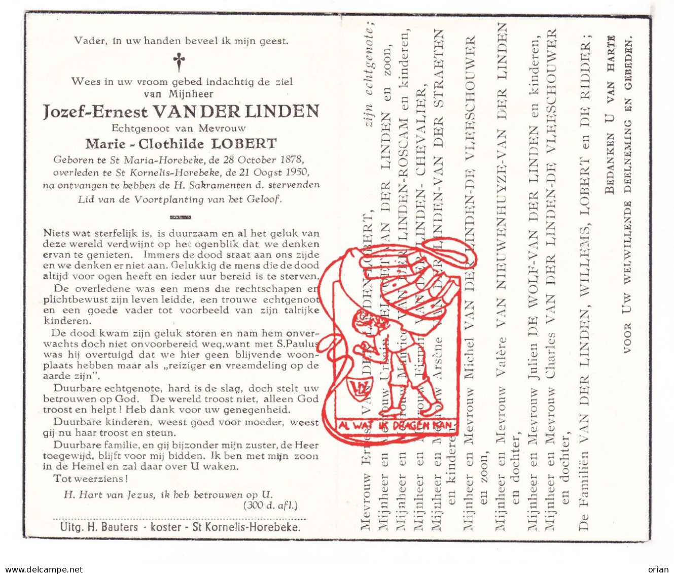DP Jozef Vanderlinden ° Sint-Maria-Horebeke 1878 † Sint-Kornelis 1950 Lobert Aelvoet Roscam Chevalier Willems De Ridder - Imágenes Religiosas