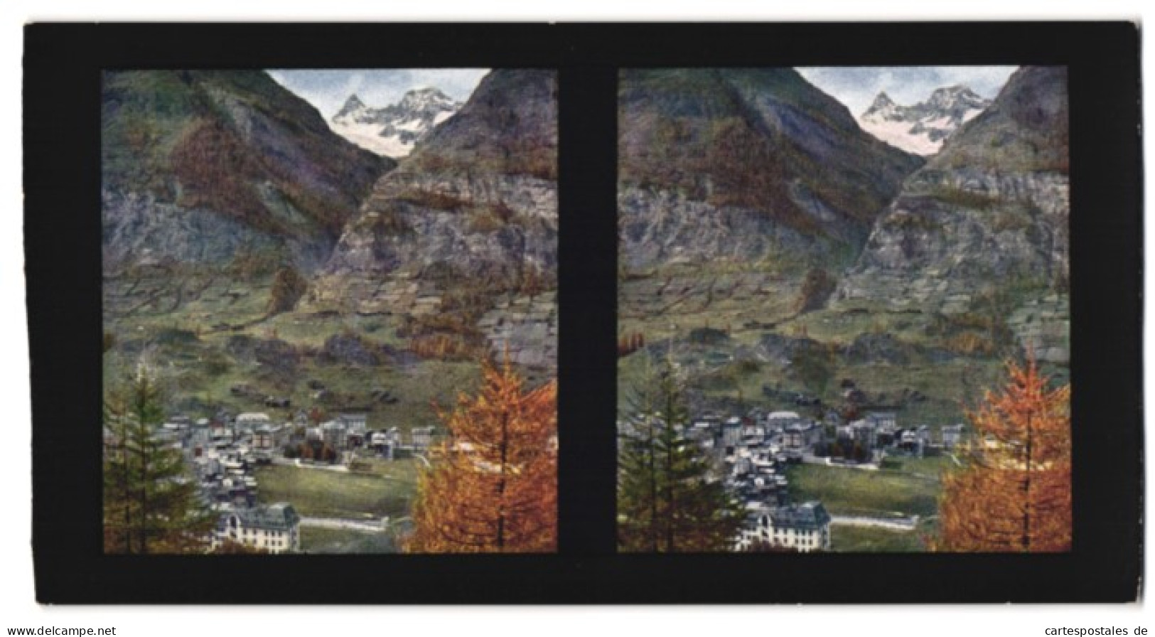 Stereo-Fotografie Chromoplast-Bild Nr. 112, Ansicht Zermatt, Blick Nach Dem Ort Und Den Gabelhörner  - Stereoscopio