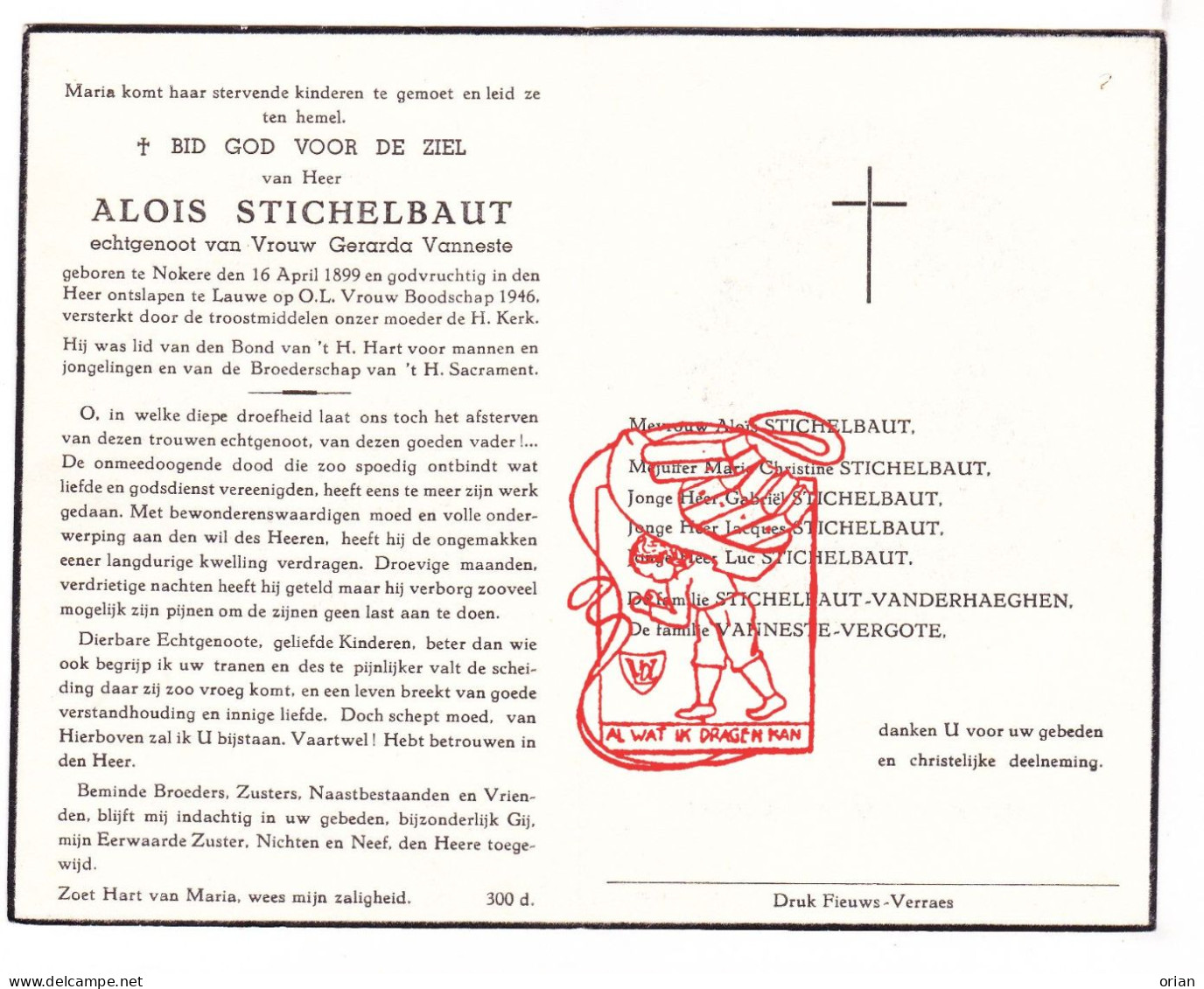 DP Alois Stichelbaut ° Nokere Kruishoutem 1899 † Lauwe Menen 1946 X Gerarda Vanneste // Vanderhaeghen Vergote - Images Religieuses