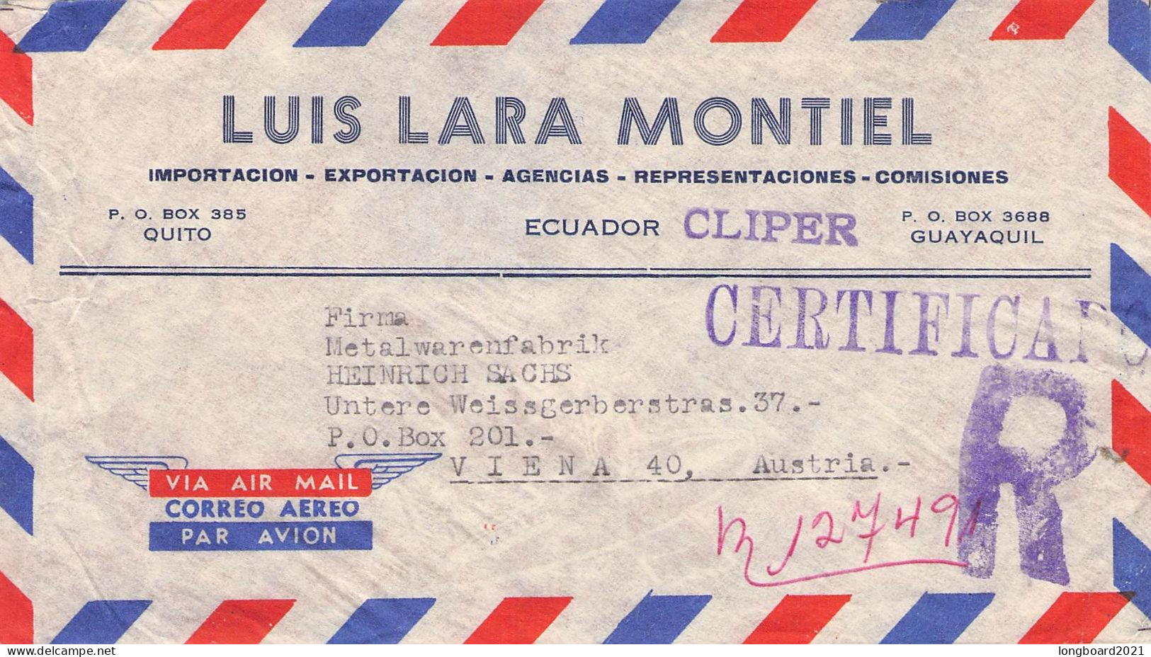 ECUADOR - AIRMAIL - VIENNA 1963 / 6187 - Ecuador