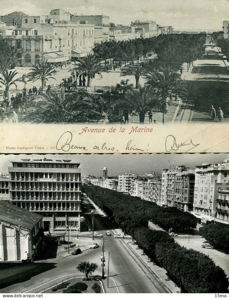 TUNIS Avenue De La Marine Habib Bourguiba Lot De 2 Cartes Postales - Túnez