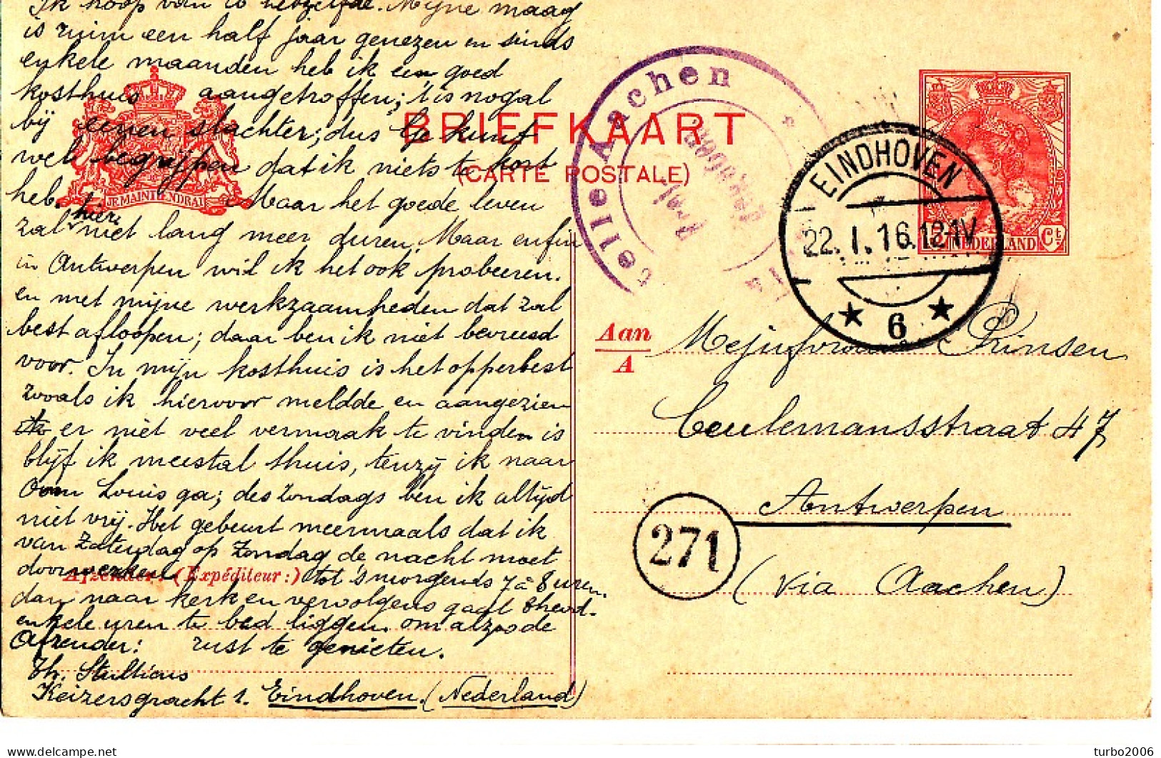 Nederland : WO I 22-01-1916 Briefkaart Met Censuurstempel "Ausgangstelle Aachen Freigegeben" - Postal History