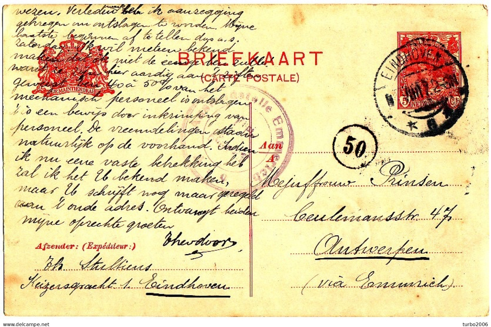 WO I 1-VIII-1917 Briefkaart Met Censuurstempel "Ausgangstelle Emmerich A * 9  Freigegeben" Naar Antwerpen - Marcophilie