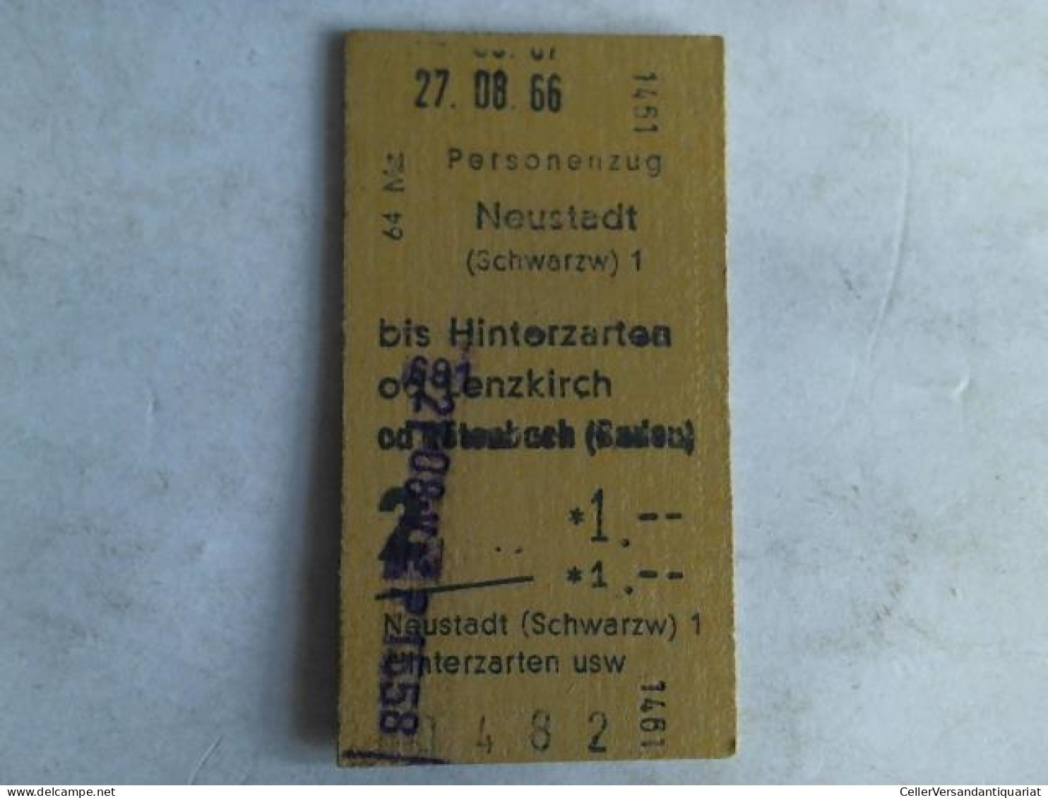 Fahrkarte Personenzug Neustadt (Schwarzw) 1 Bis Hinterzarten Od Lenzkirch  Von (Eisenbahn-Fahrkarte) - Ohne Zuordnung
