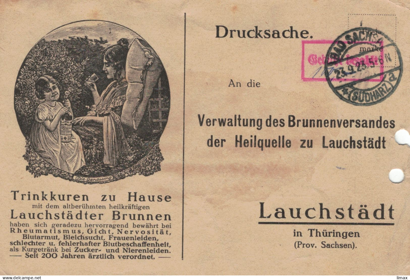 Bad Sachsa Südharz 1923 > Brunnenversand Heilquelle Lauchstädt - Illustrierte Karte - Aktenlochung - Bestellung - Briefe U. Dokumente