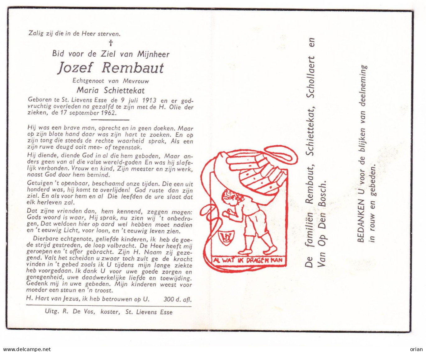 DP Jozef Rembaut ° Sint-Lievens-Esse Herzele 1913 † 1962 X Maria Schiettekat // Schollaert Van Op Den Bosch - Santini