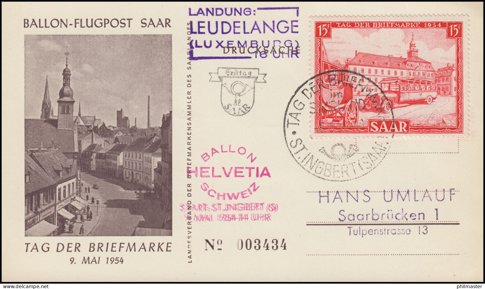 Ballon-Flugpost Saar Bord-Stempel Tag Der Briefmarke FDC ESSt ST. INGBERT 9.5.54 - Mongolfiere