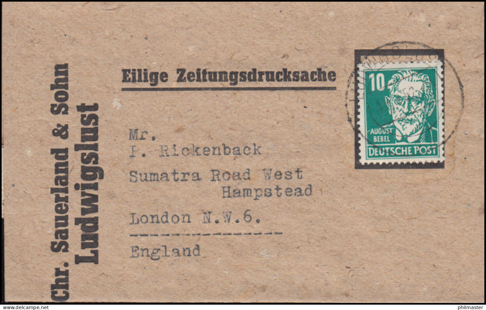 215 Bebel Als EF Zeitungsdrucksache Ins Ausland LUDWIGSLUST 18.8.52 Nach London - Covers & Documents