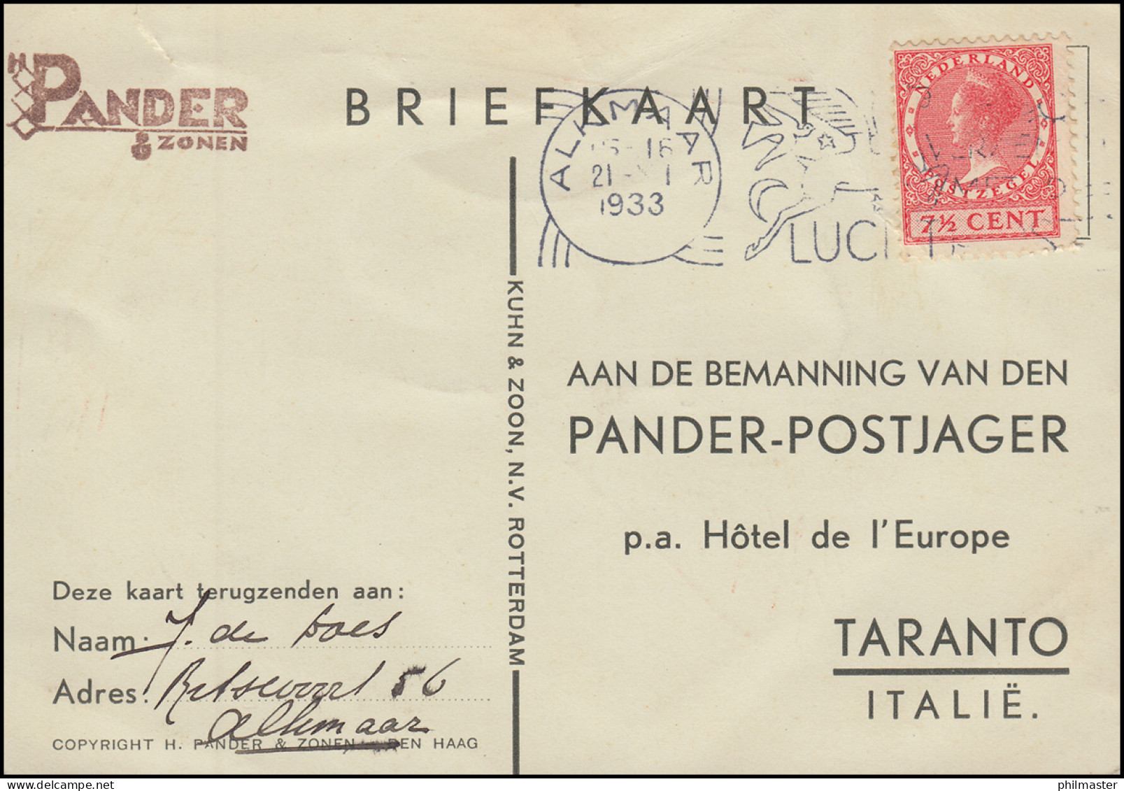 KLM-Flugpost Postjager Amsterdam-Bandoeng-Amsterdam ALKMAAR 21.12.33 N. Taranto - Airmail