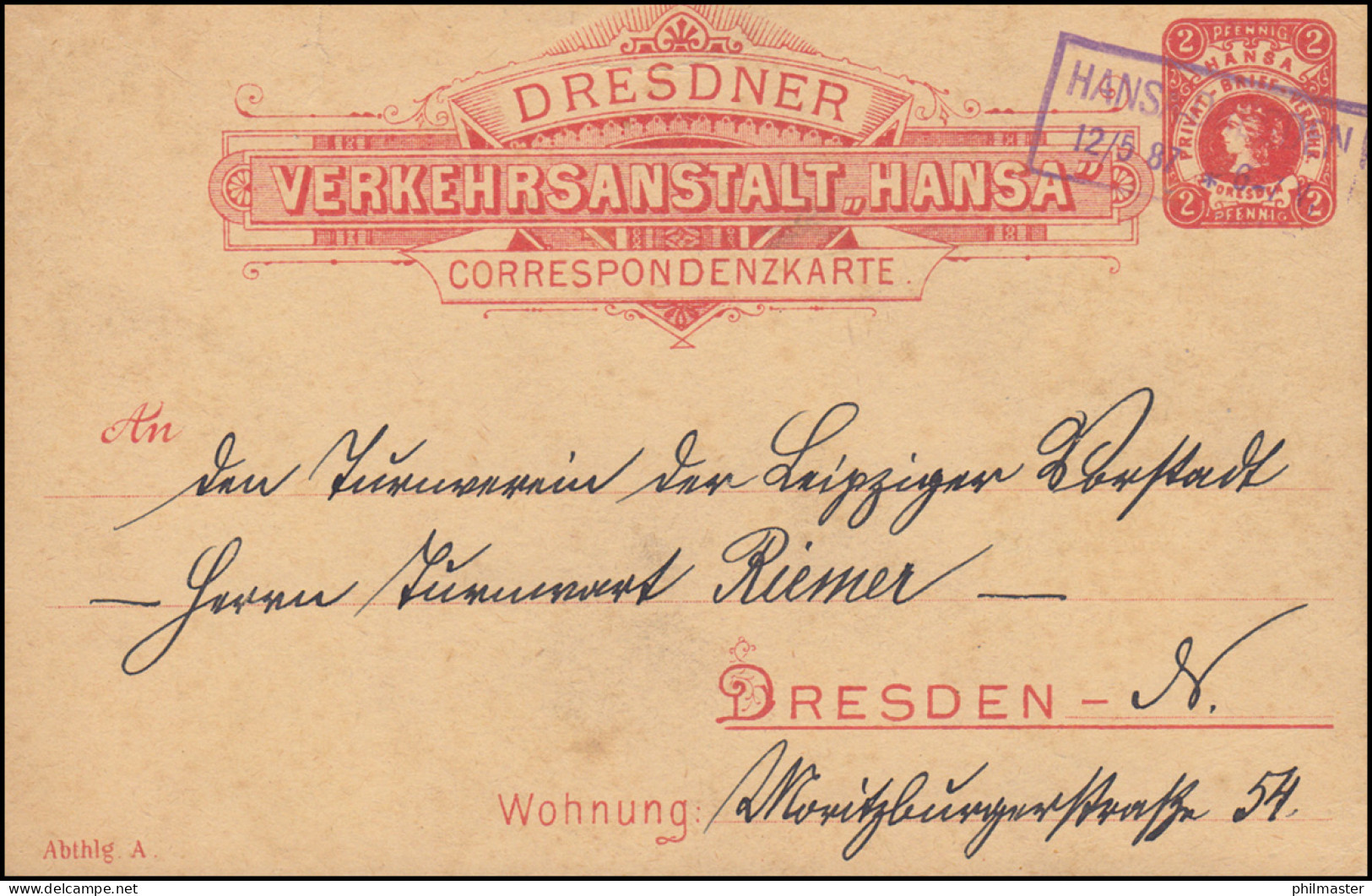 Privatpostkarte Dresdner Verkehrsanstalt Hansa, Rahmen-O HANSA-DRESDEN 12.5.1887 - Posta Privata & Locale