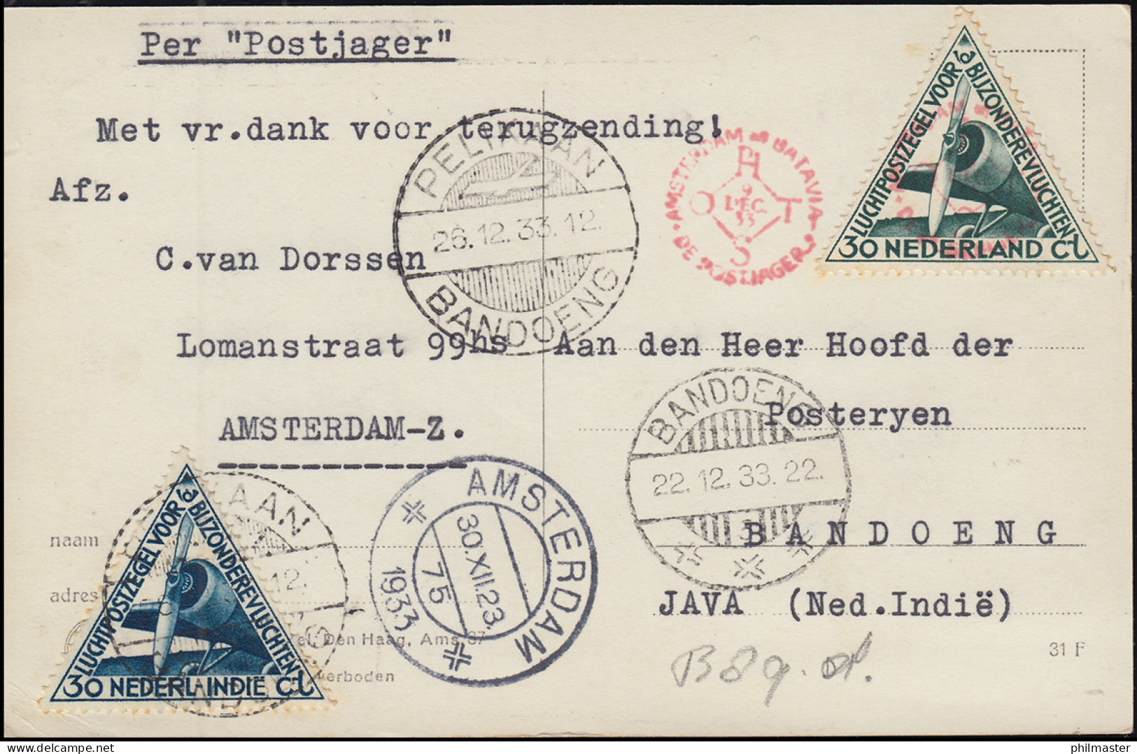 KLM-Flugpost Postjager/Pelikaan Amsterdam-Bandoeng-Amsterdam PH-OST 9.12.1933 - Luftpost