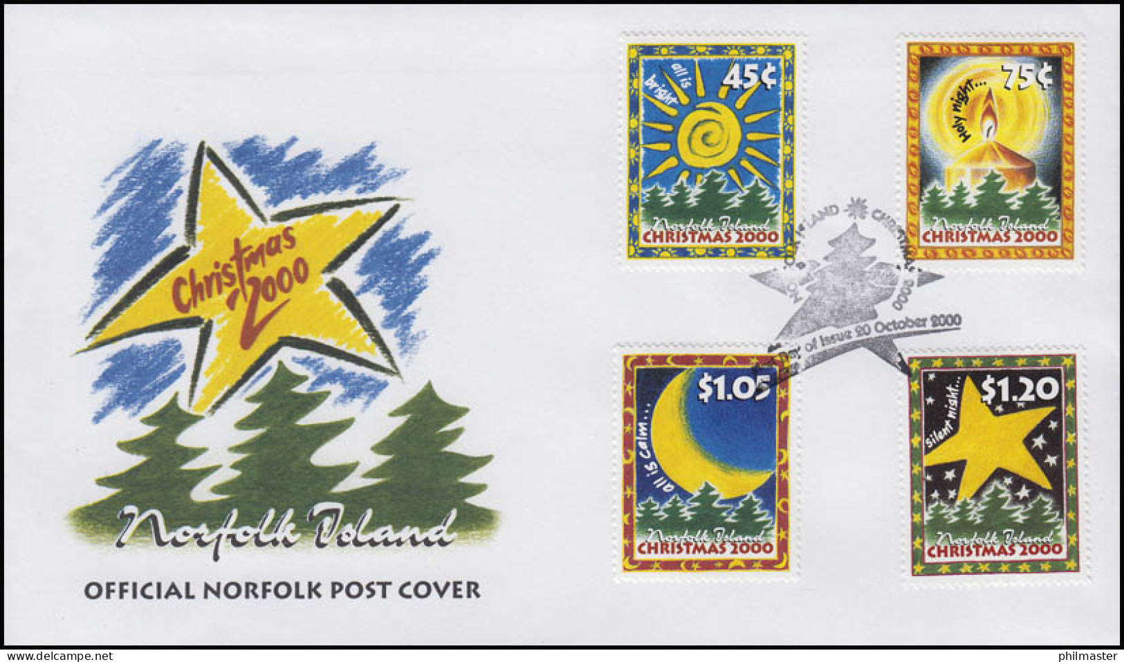Norfolkinsel: Weihnachten 2000, 4 Werte, Satz Sonne Mond Sterne Kerze Auf FDC - Christianisme