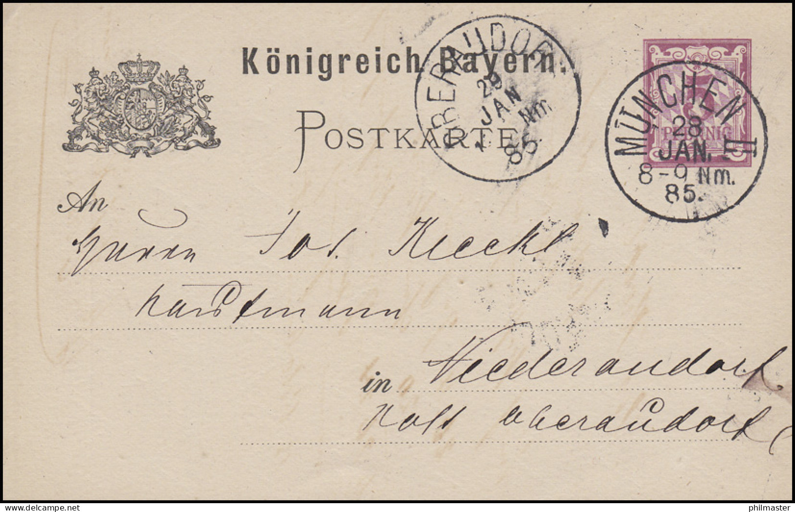 Postkarte Ziffer 5 Pf Lila Ohne DV: MÜNCHEN II. - 28.1.85 Nach Niederaudorf - Ganzsachen