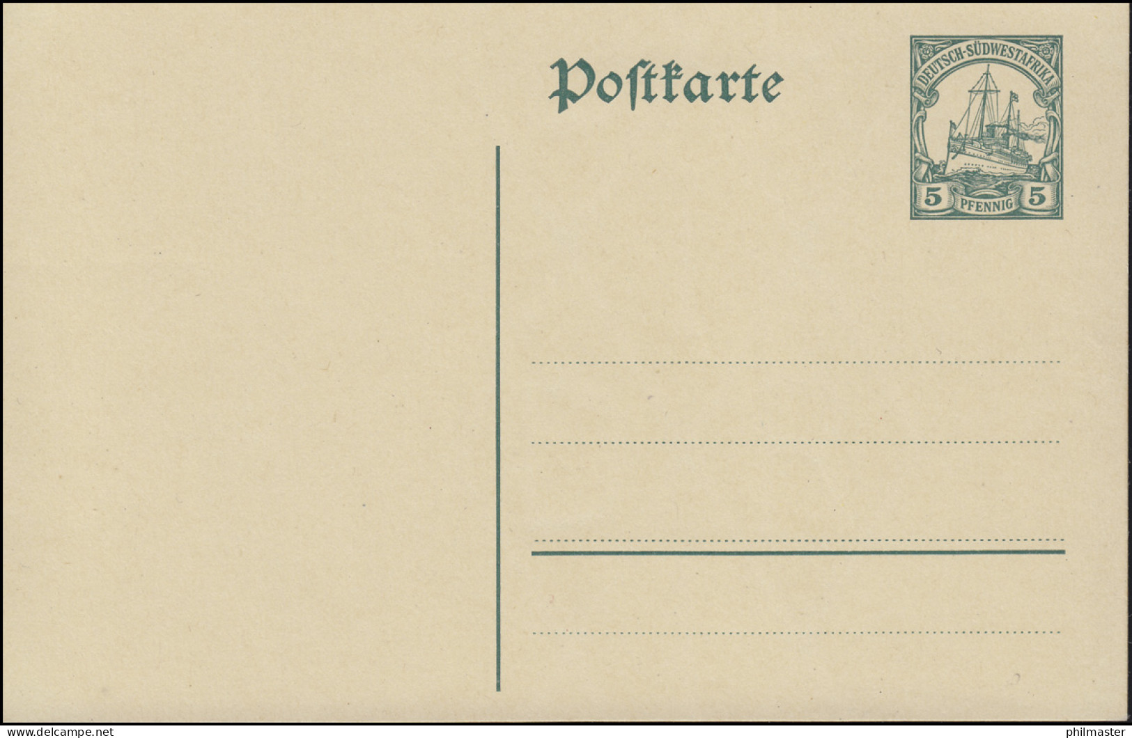 DSWA Postkarte 19I Kolonial-Schiffszeichnung 5 Pf Grün Mit WZ. I, Ungebraucht ** - África Del Sudoeste Alemana