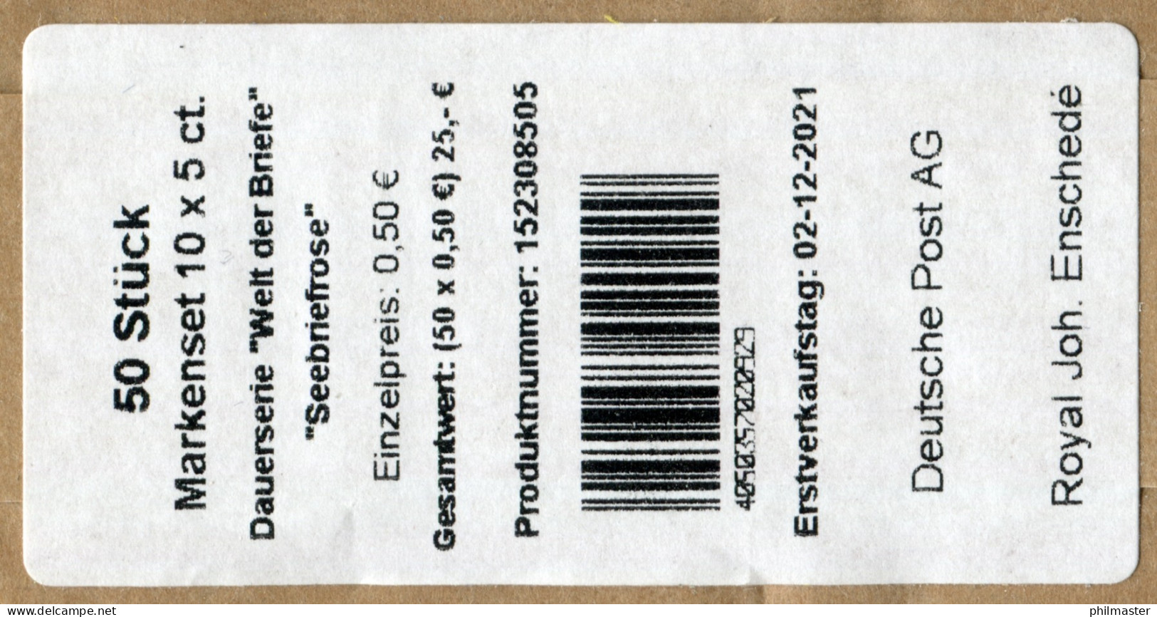 FB 113III Seebriefrose 5 Cent, Folienblatt-BANDEROLE Royal Enschede 02-12-2021 - 2011-2020