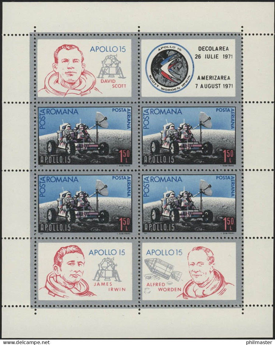 Rumänien Block 88 APOLLO 15 Mondlandung Scott Irwin Worden 1971 (blau) **/MNH - Autres & Non Classés