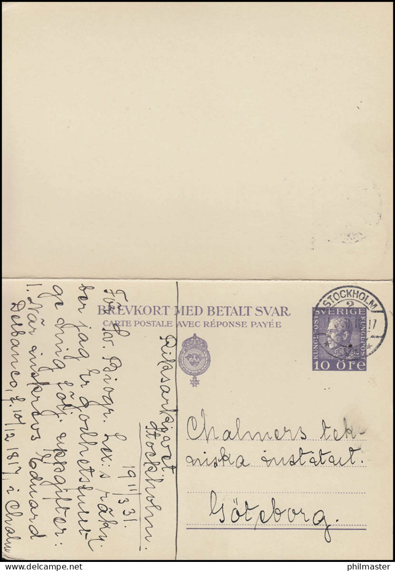 Postkarte P 52II Brevkort König Gustav 10/10 Öre, STOCKHOLM 11.3.1931 - Enteros Postales