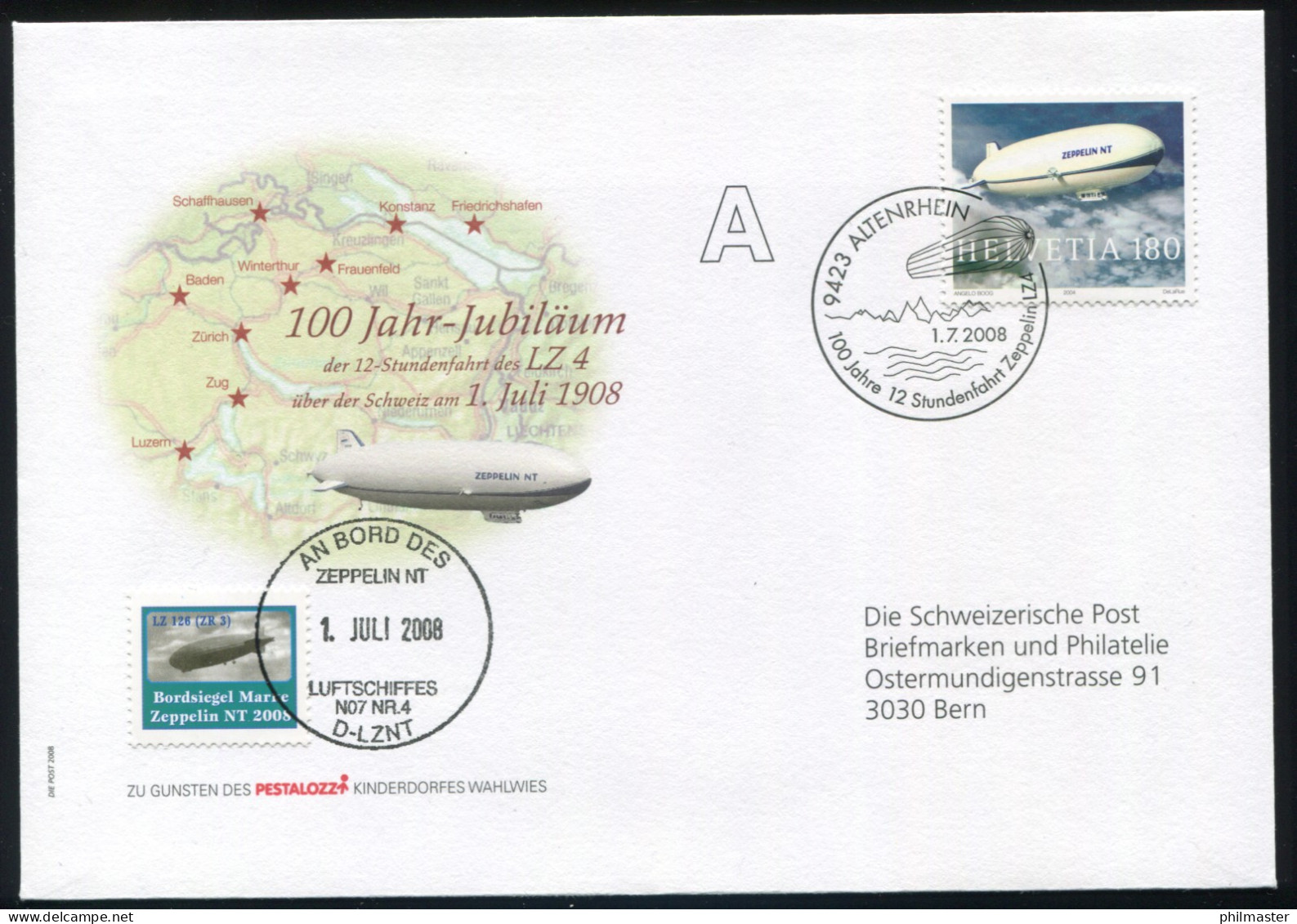 Luftschiffspost DKL 116 Fahrt LZ4 D-LZNT über Schweiz SSt ALTENRHEIN 1.7.2008 - Zeppelins