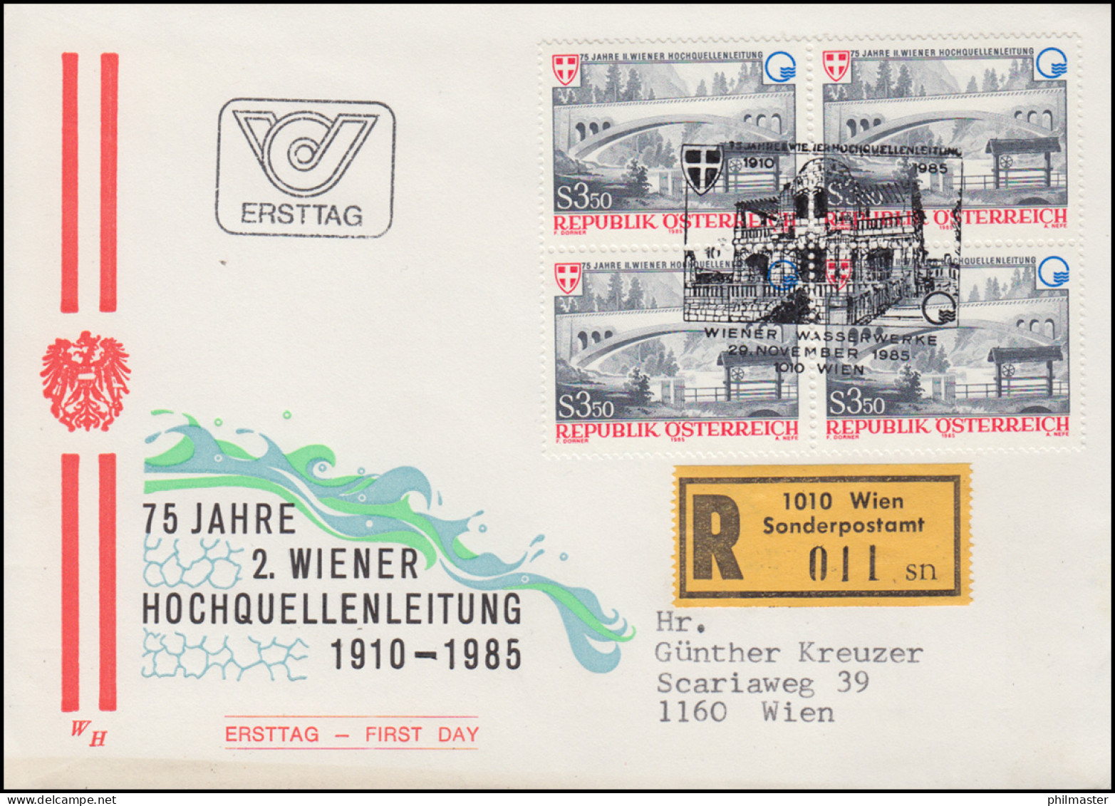 Österreich 75 Jahre Wiener Hochquellenleitung Schmuck-R-FDC 1985 Sonder-R-Zettel - Storia Postale