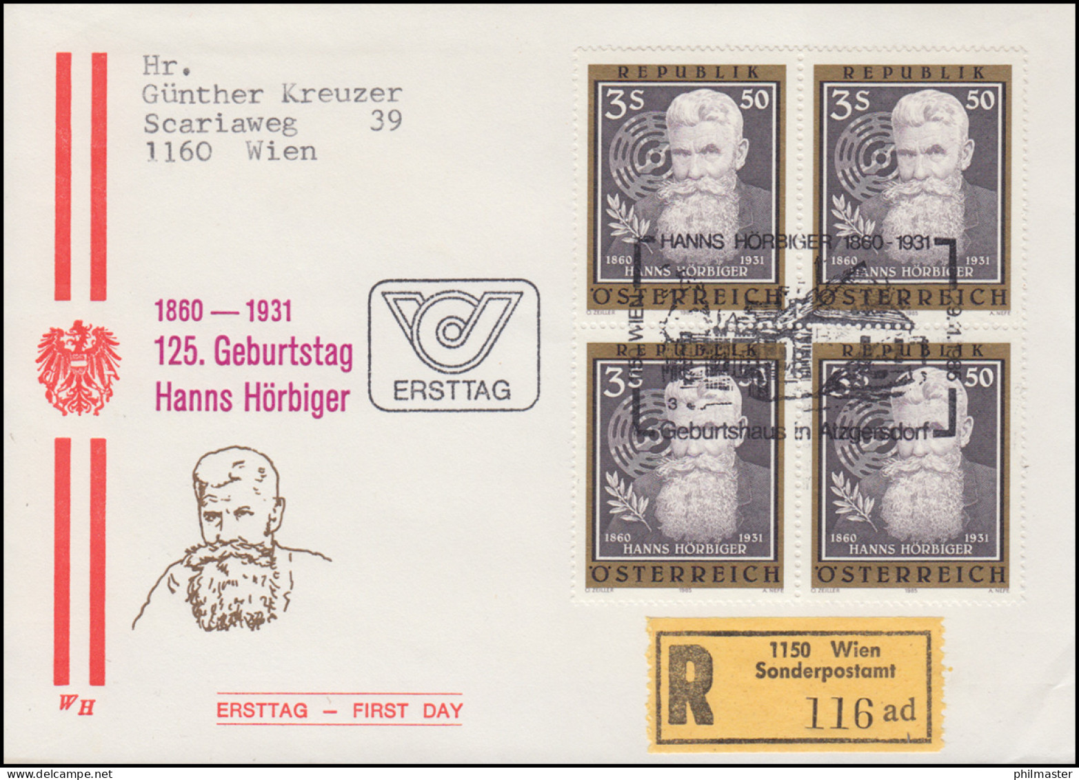 Österreich Ingenieur Hanns Hörbiger Schmuck-R-FDC Wien 1985 Sonder-R-Zettel - Covers & Documents