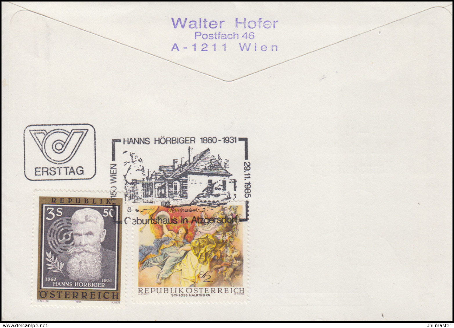 Österreich Ingenieur Hanns Hörbiger Schmuck-R-FDC Wien 1985 Sonder-R-Zettel - Lettres & Documents