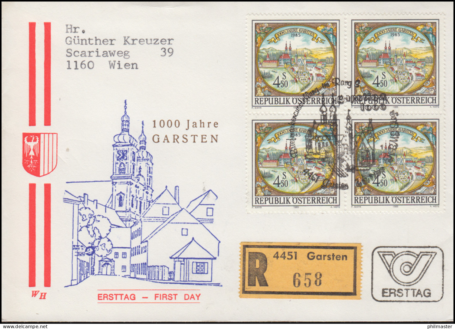 Österreich 1000 Jahre Garsten Viererblock Auf Schmuck-R-FDC Ausstellung 7.6.1985 - Storia Postale