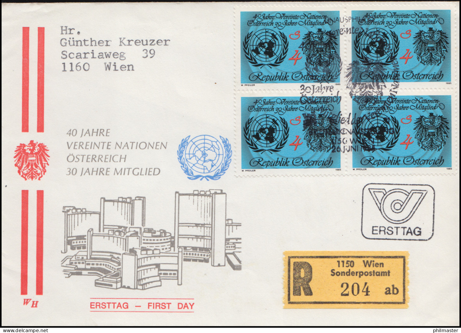 Österreich 40 Jahre UNO Als Viererblock Auf Schmuck-R-FDC 26.6.19854 - Lettres & Documents