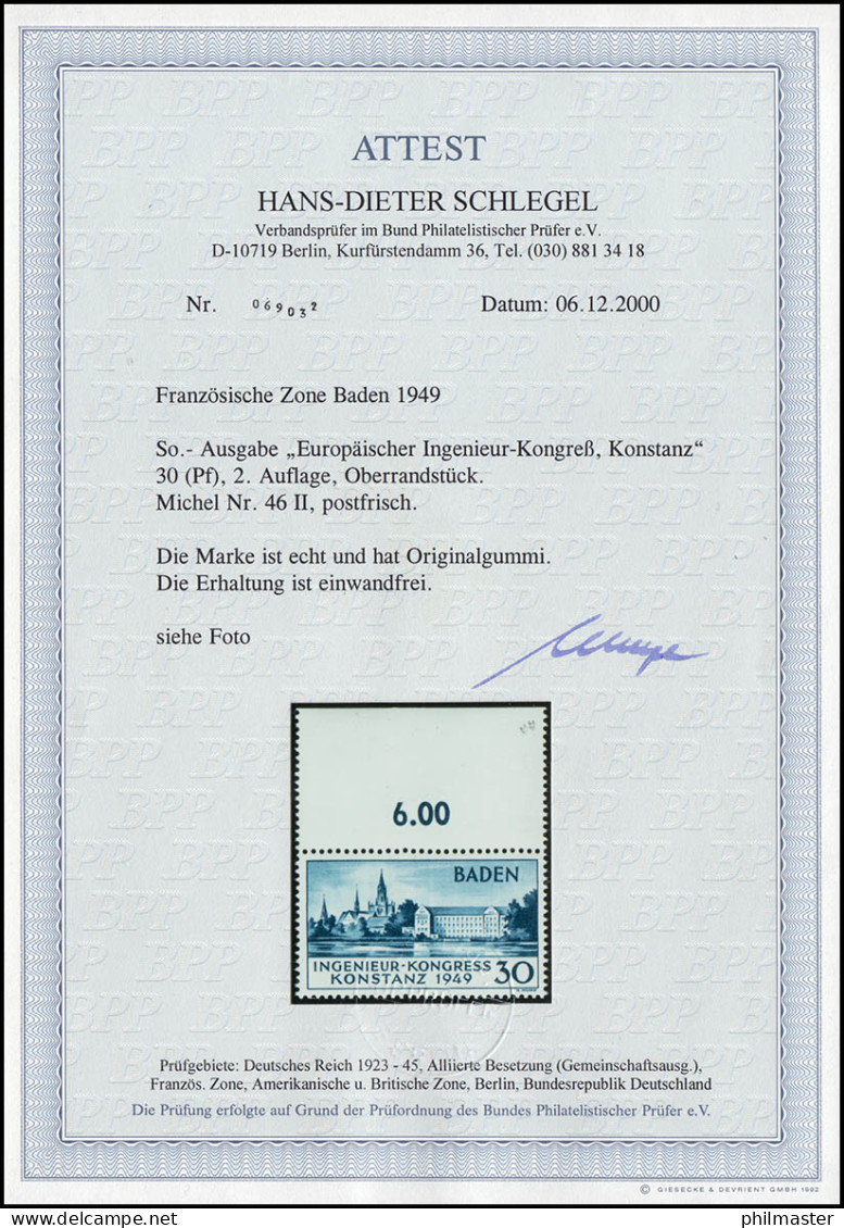 46II Konstanz 1949 Type II Postfrisch Fotoattest Schlegel BPP Einwandfrei ** - Bade