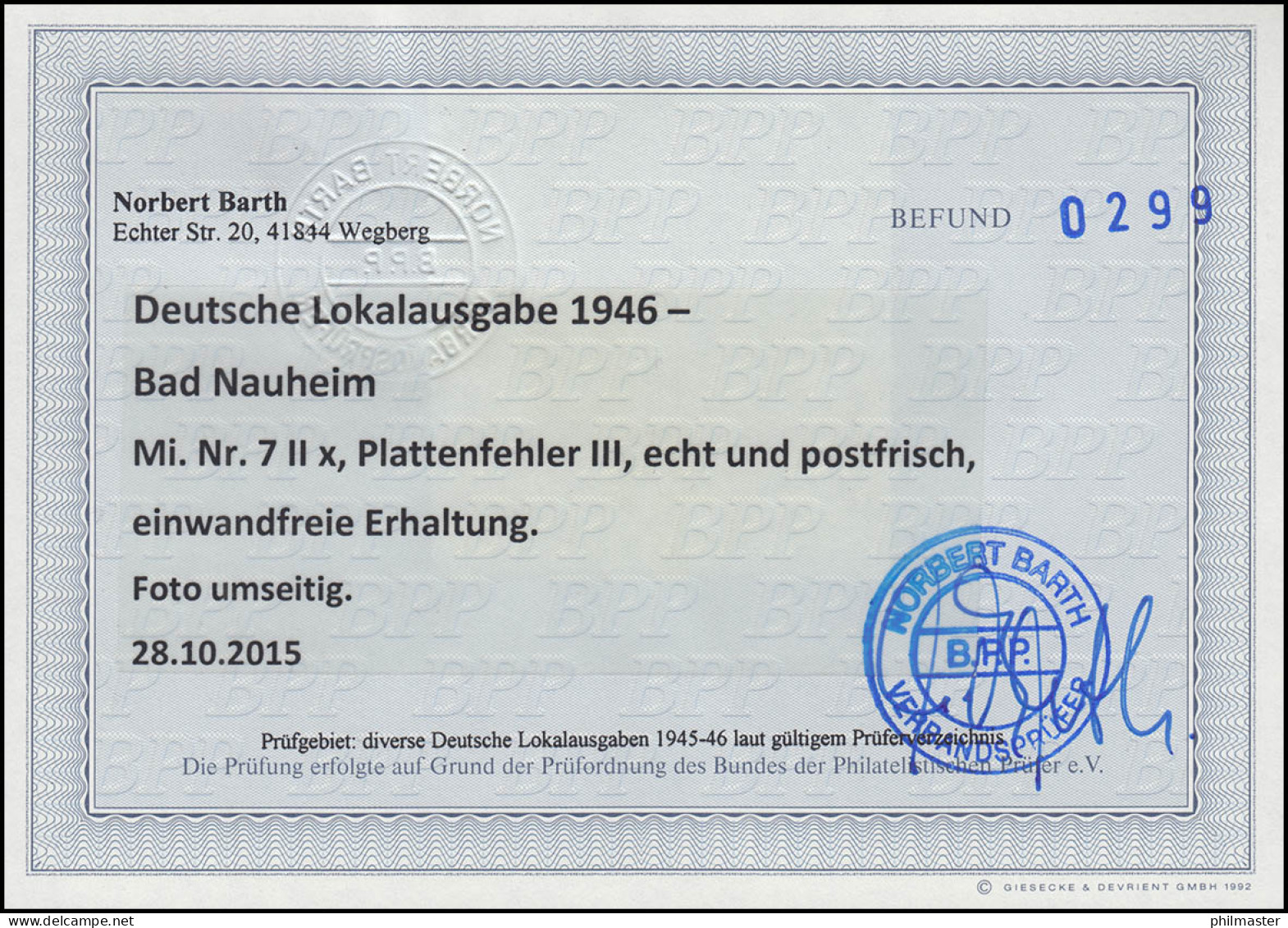 Bad Nauheim 7IIx Mit PLF III PEENIG, BPP-Befund Barth ** Und Einwandfrei - Mint