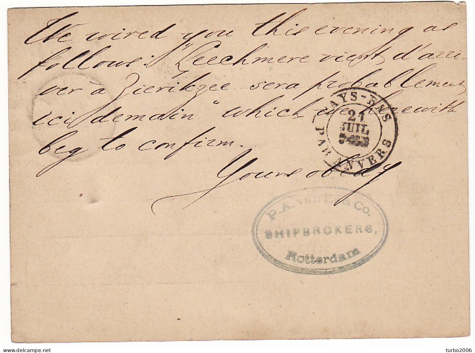 1878 Briefkaart Kon. Willem III 5 Cent Blauw (NVPH 19) Met Transitstempel : PAYS-BAS PAR ANVERS - Poststempel