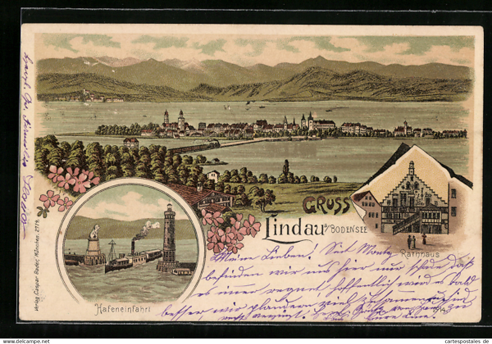 Lithographie Lindau A. Bodensee, Teilansicht, Hafeneinfahrt Mit Leuchtturm Und Dampfer, Rathaus  - Lindau A. Bodensee