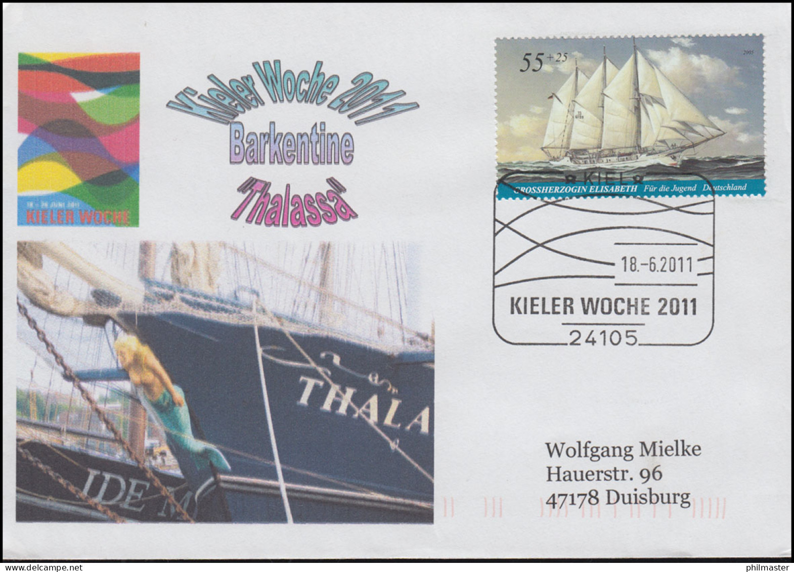 Kieler Woche 2011 Barkentine Thalassa Schmuck-Brief EF SSt KIEL 18.6.2011 - Schiffe