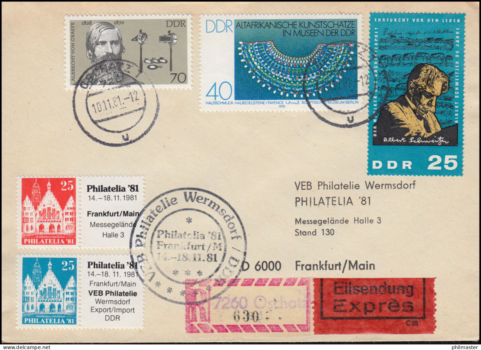 Wermsdorf-Messebrief Phiatelia'81 Frankfurt/Main Eil-R-Brief OSCHATZ 10.11.1981  - Philatelic Exhibitions