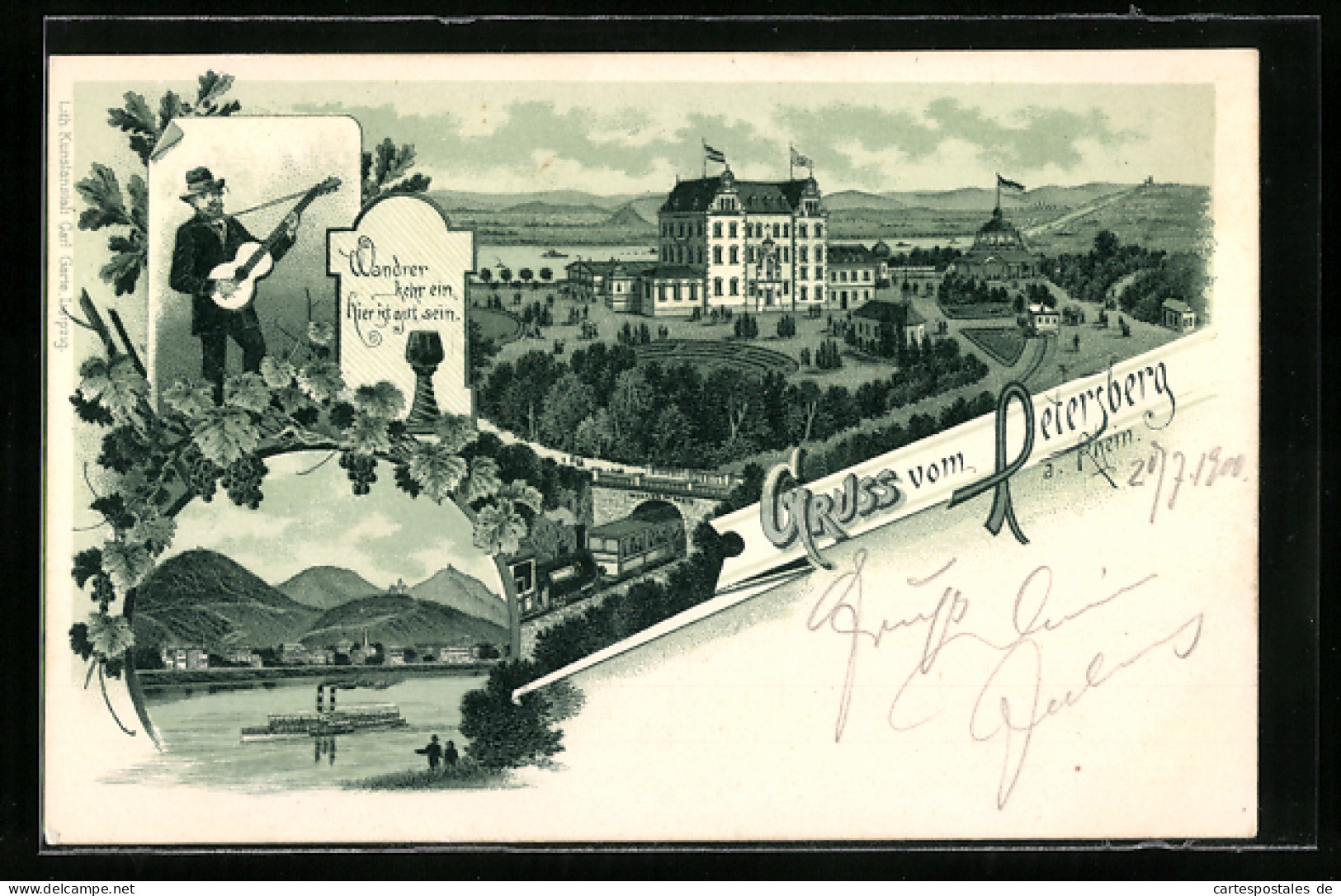 Lithographie Petersberg A. Rhein, Hotel Mit Bahn, Uferpartie  - Petersberg