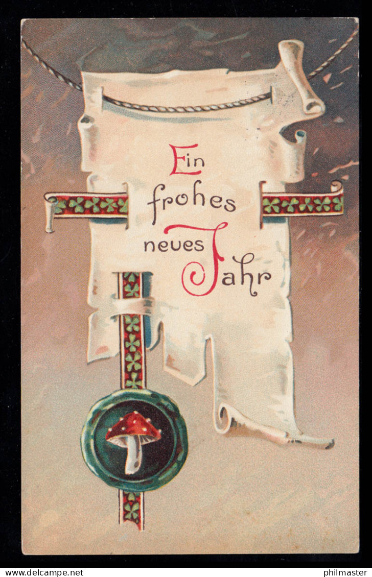 AK Neujahr: Glückwünsche Mit Fliegenpilz, KÖTZSCHENBRODA 2.1.1915 - Neujahr