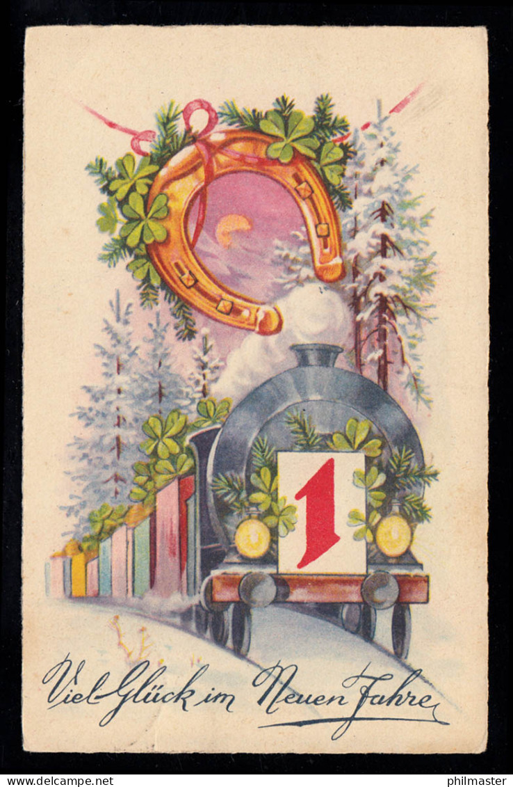 AK Neujahr: Eisenbahn Mit Kalenderblatt 1 Hufeisen Glücksklee, Gelaufen Um 1935 - New Year