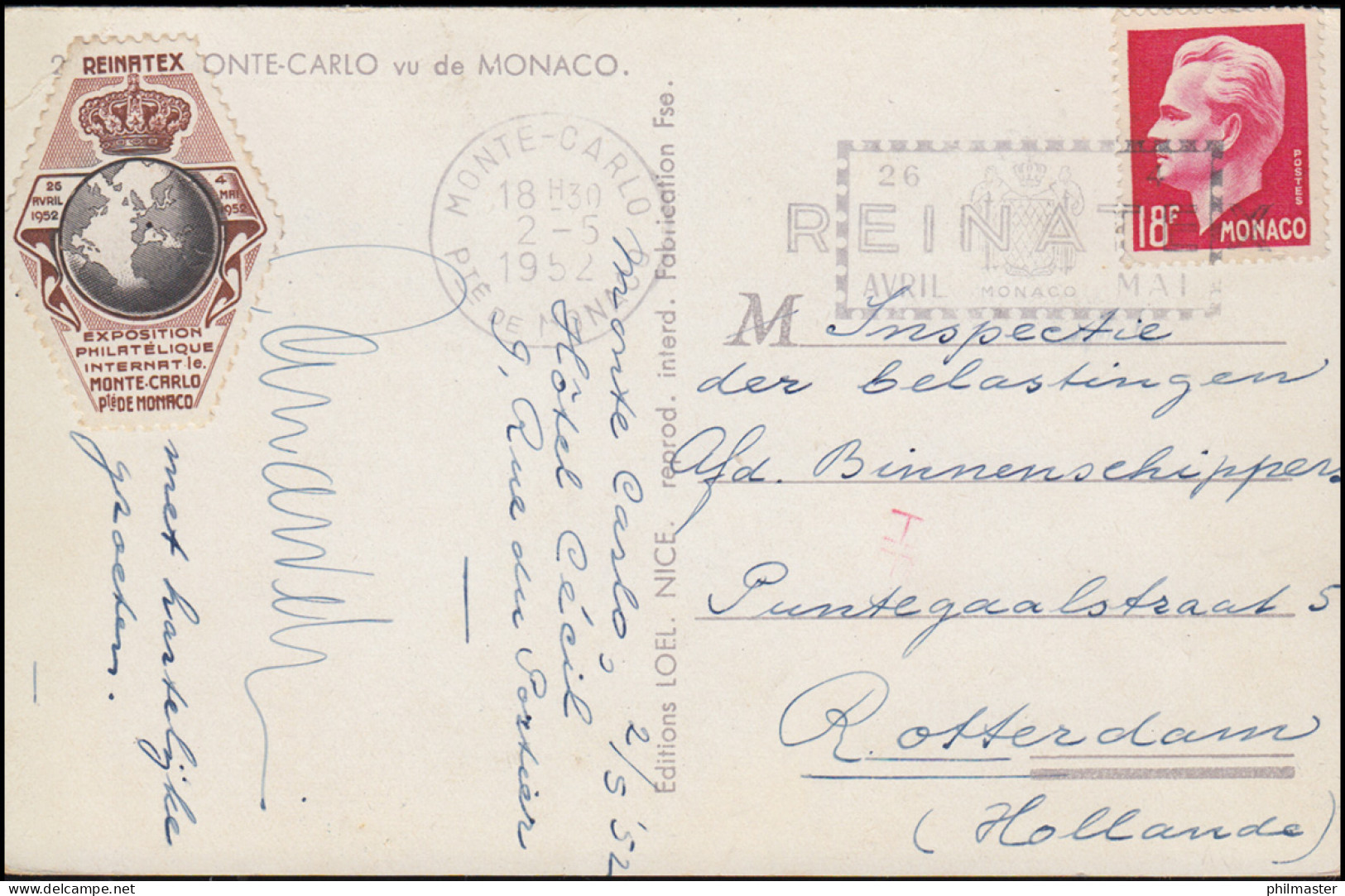 Monaco: Briefmarkenausstellung REINATEX Monte-Carlo 1952 Werbe-O Passende AK  - Expositions Philatéliques