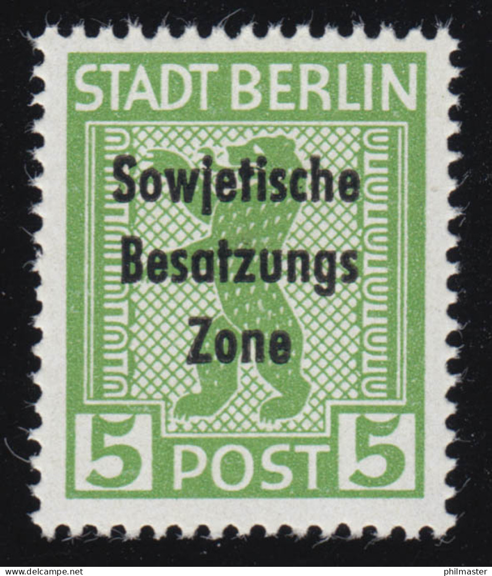 SBZ 200A Ux Berliner Bär 5 Pf Mit Aufdruck, Grün, ** - Postfris