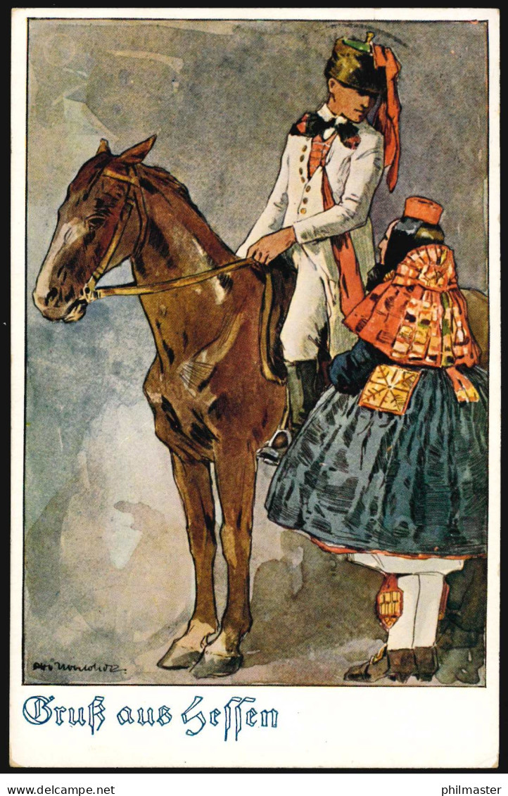 AK Gruss Aus Hessen: Reiter Mit Frau In Tracht, SSt BAD WILDUNGEN 6.6.1924 - Costumi
