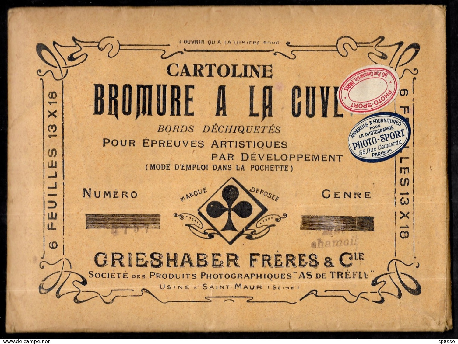 Pochette Papier PHOTO Cartoline Bromure "As De Trèfle" GRIESHABER Frères & Cie - Usine 94 St SAINT-MAUR ** Publicité - Matériel & Accessoires