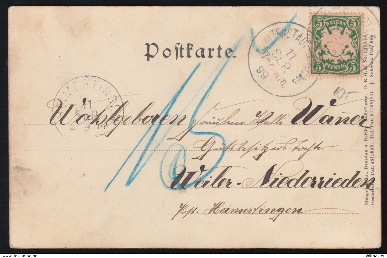 Prägekarte Frau In Tracht Beim Briefeschreiben, ALTENSTADT (Schwaben) 11.9.1899 - Trachten