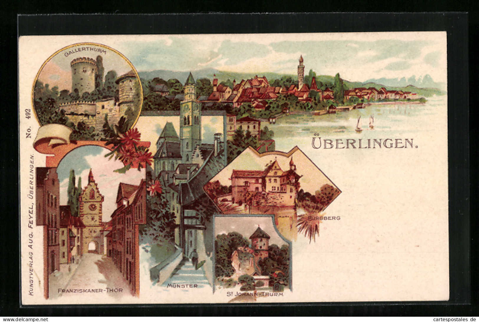 Lithographie Überlingen, Franziskaner-Thor, Münster, St. Johann-Thurm  - Ueberlingen