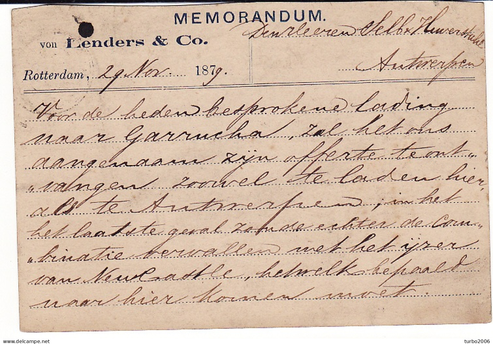 1879 Briefkaart Kon. Willem III 5 Cent Blauw (NVPH 19) Met Transitstempel : PAYS-BAS PAR ANVERS - Poststempel