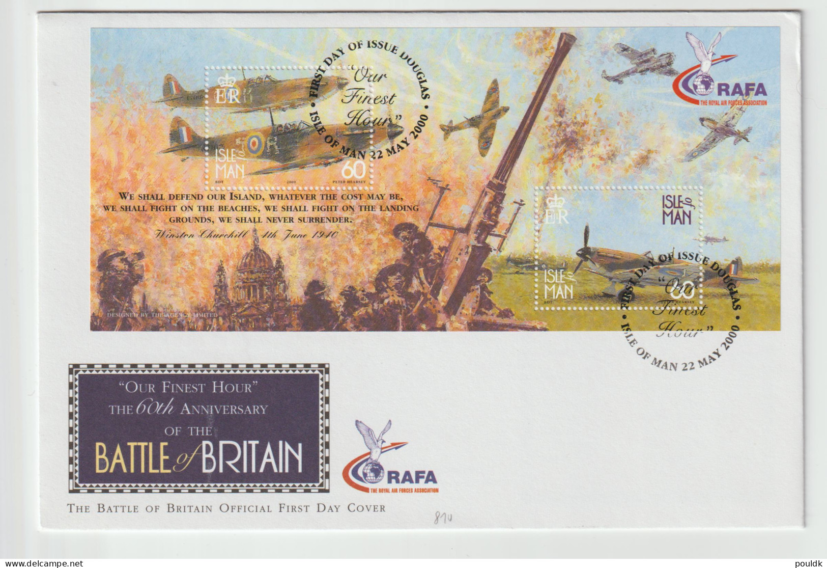 Isle Of Man FDC 2000 Battle Of Britain Souvenir Sheet. Postal Weight Approx 90 Gramms. Please Read Sales Conditions - Militares